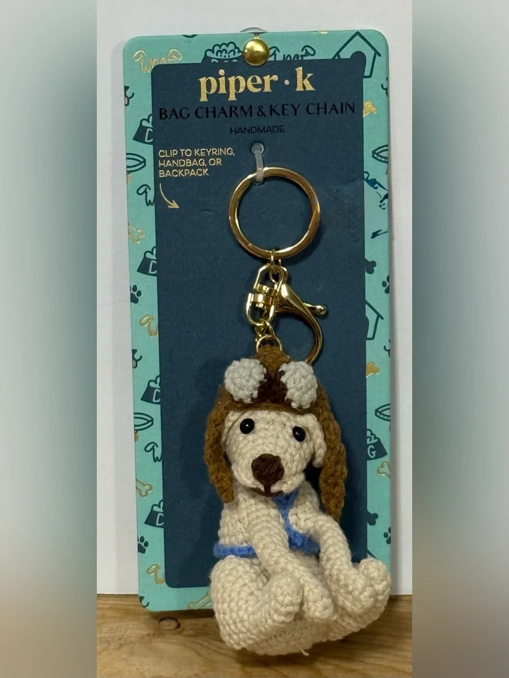 Piper K Cream & Brown Labrador Puppy W/Aviator Hat Keychain Bag Charm Gold Clip